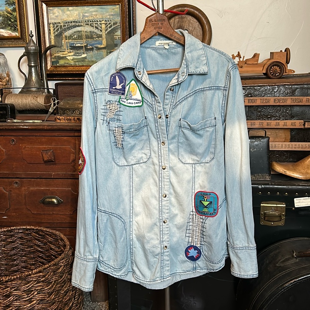 Angel + Premium Camp Denim Button Down Shirt Pearl Snaps